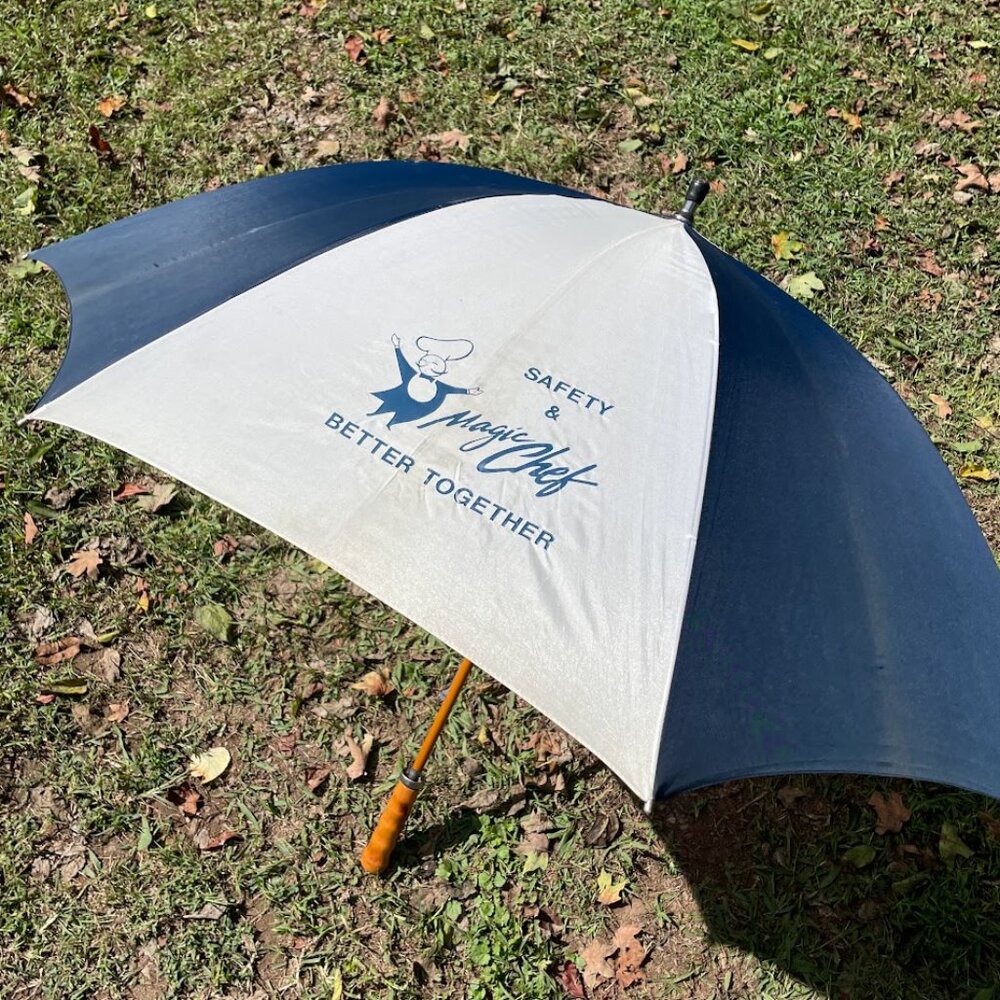 Magic Chef Appliances Blue and White Large Umbrella Wood Handle Vintage
